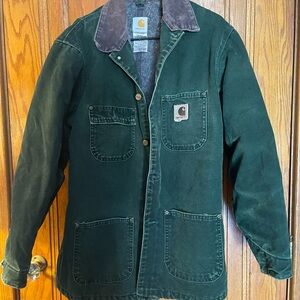Vintage 90s Carhartt Men's Dark Green Chore Jacket.  Blanket Lined Size M